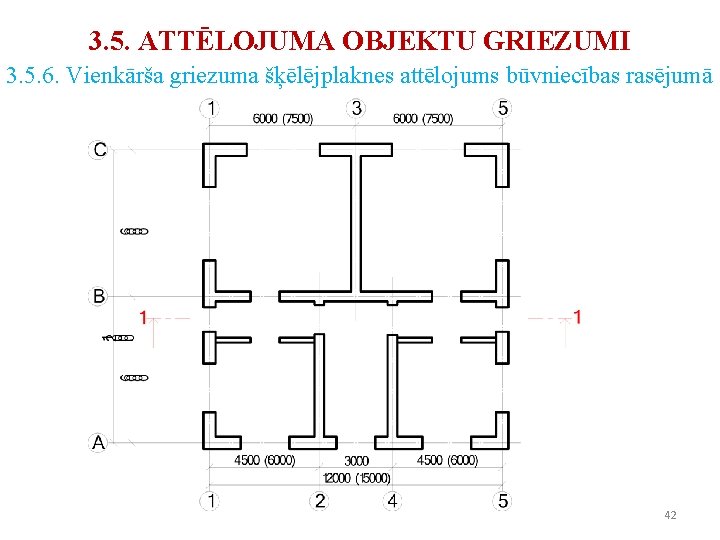3. 5. ATTĒLOJUMA OBJEKTU GRIEZUMI 3. 5. 6. Vienkārša griezuma šķēlējplaknes attēlojums būvniecības rasējumā 3. 5. ATTĒLOJUMA OBJEKTU GRIEZUMI 3. 5. 6. Vienkārša griezuma šķēlējplaknes attēlojums būvniecības rasējumā