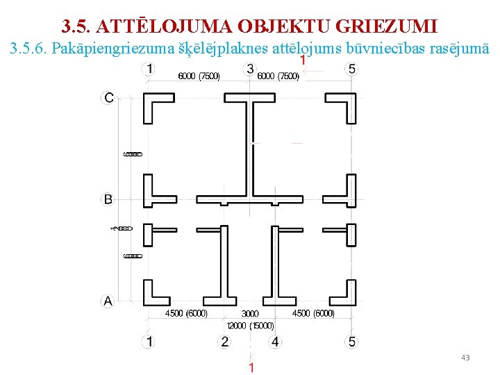 3. 5. ATTĒLOJUMA OBJEKTU GRIEZUMI 3. 5. 6. Pakāpiengriezuma šķēlējplaknes attēlojums būvniecības rasējumā 43 3. 5. ATTĒLOJUMA OBJEKTU GRIEZUMI 3. 5. 6. Pakāpiengriezuma šķēlējplaknes attēlojums būvniecības rasējumā 43