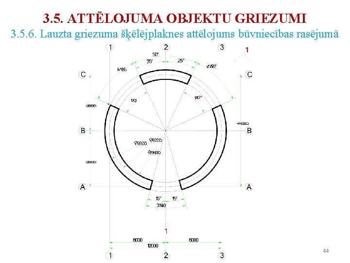 3. 5. ATTĒLOJUMA OBJEKTU GRIEZUMI 3. 5. 6. Lauzta griezuma šķēlējplaknes attēlojums būvniecības rasējumā 3. 5. ATTĒLOJUMA OBJEKTU GRIEZUMI 3. 5. 6. Lauzta griezuma šķēlējplaknes attēlojums būvniecības rasējumā