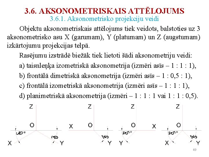 3. 6. AKSONOMETRISKAIS ATTĒLOJUMS 3. 6. 1. Aksonometrisko projekciju veidi Objektu aksonometriskais attēlojums tiek 3. 6. AKSONOMETRISKAIS ATTĒLOJUMS 3. 6. 1. Aksonometrisko projekciju veidi Objektu aksonometriskais attēlojums tiek