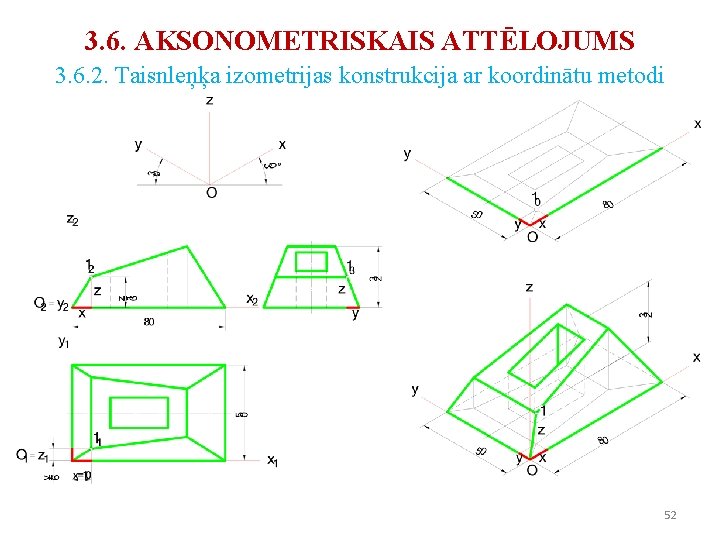 3. 6. AKSONOMETRISKAIS ATTĒLOJUMS 3. 6. 2. Taisnleņķa izometrijas konstrukcija ar koordinātu metodi 52 3. 6. AKSONOMETRISKAIS ATTĒLOJUMS 3. 6. 2. Taisnleņķa izometrijas konstrukcija ar koordinātu metodi 52