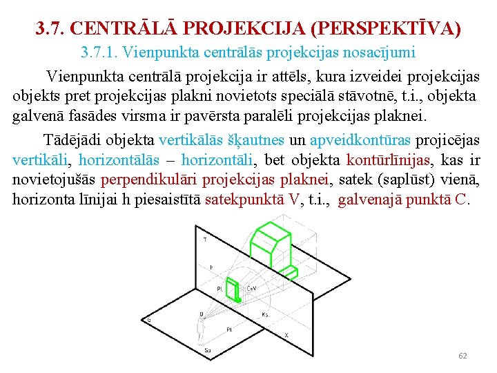 3. 7. CENTRĀLĀ PROJEKCIJA (PERSPEKTĪVA) 3. 7. 1. Vienpunkta centrālās projekcijas nosacījumi Vienpunkta centrālā 3. 7. CENTRĀLĀ PROJEKCIJA (PERSPEKTĪVA) 3. 7. 1. Vienpunkta centrālās projekcijas nosacījumi Vienpunkta centrālā