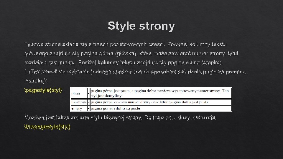 Style strony Typowa strona składa się z trzech podstawowych części. Powyżej kolumny tekstu głównego