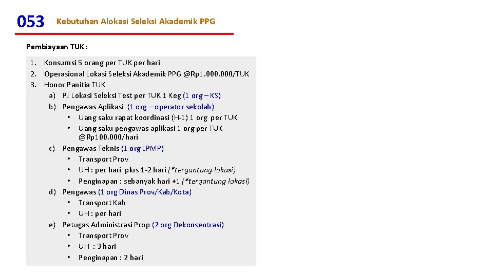 053 Kebutuhan Alokasi Seleksi Akademik PPG Pembiayaan TUK : 1. Konsumsi 5 orang per