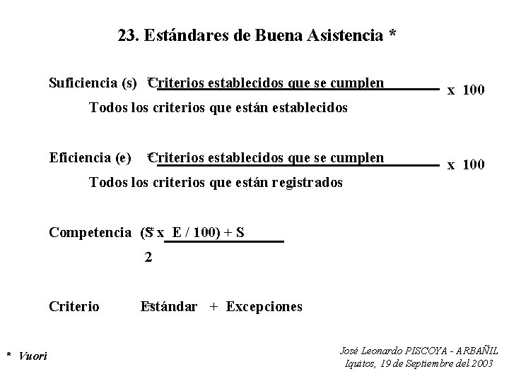 23. Estándares de Buena Asistencia * Suficiencia (s) =Criterios establecidos que se cumplen x