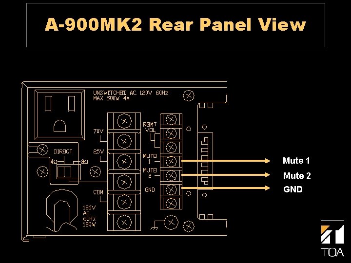 A-900 MK 2 Rear Panel View Mute 1 Mute 2 GND 