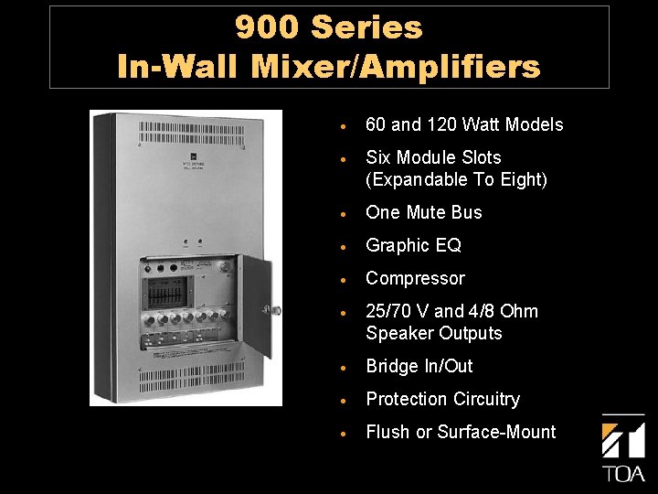 900 Series In-Wall Mixer/Amplifiers · 60 and 120 Watt Models · Six Module Slots