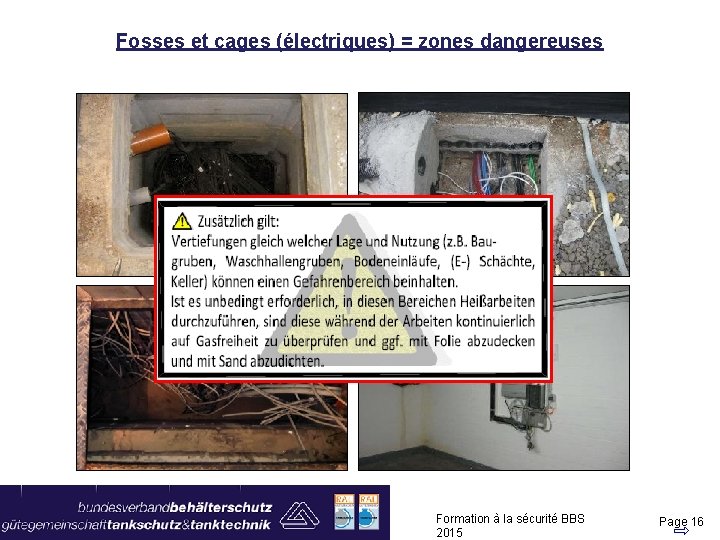 Fosses et cages (électriques) = zones dangereuses Formation à la sécurité BBS 2015 Page