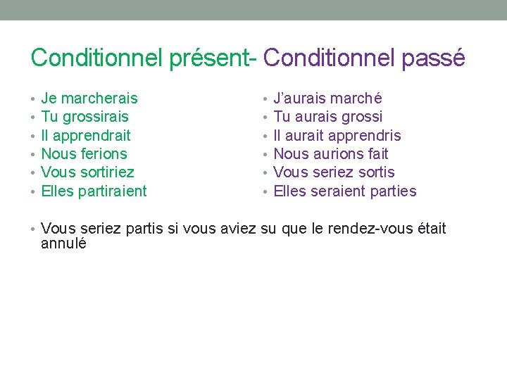 Conditionnel présent- Conditionnel passé • • • Je marcherais Tu grossirais Il apprendrait Nous