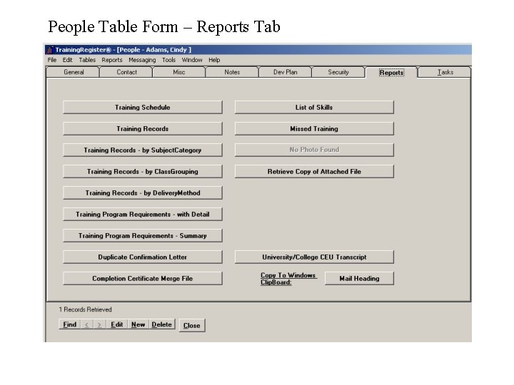 People Table Form – Reports Tab 