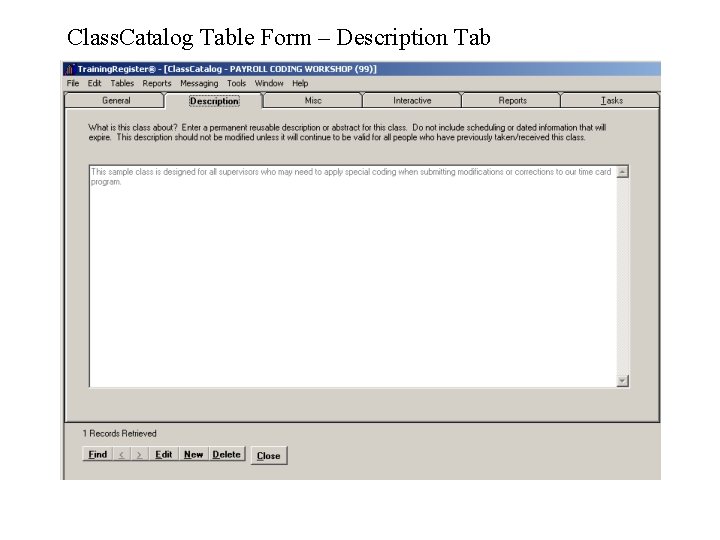 Class. Catalog Table Form – Description Tab 