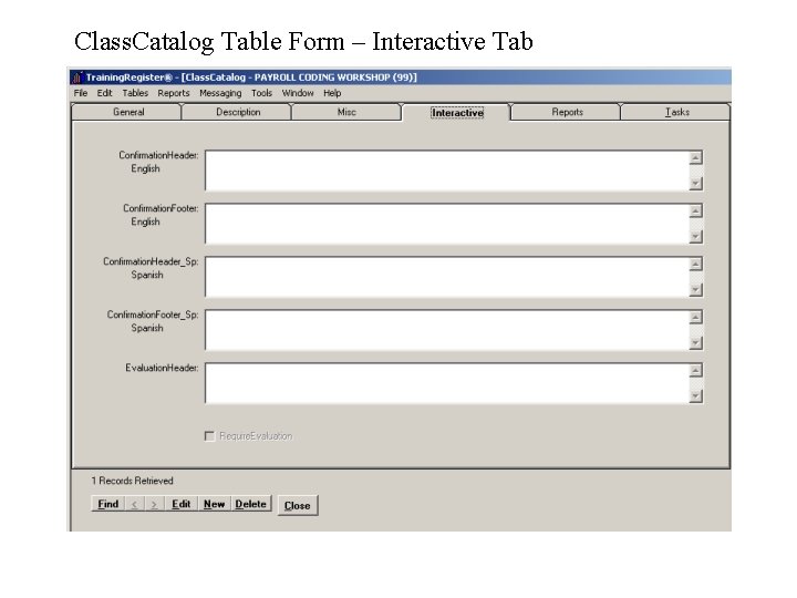 Class. Catalog Table Form – Interactive Tab 