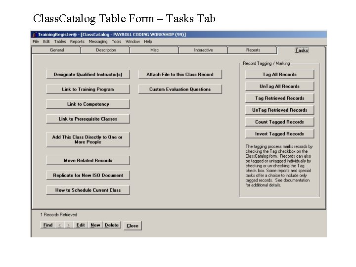 Class. Catalog Table Form – Tasks Tab 