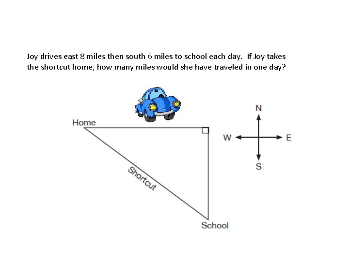 Joy drives east 8 miles then south 6 miles to school each day. If