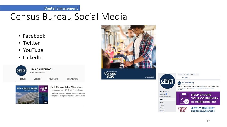 Digital Engagement Census Bureau Social Media • • Facebook Twitter You. Tube Linked. In