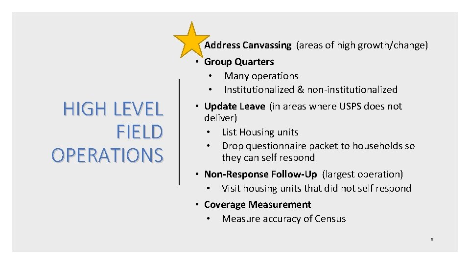  • Address Canvassing (areas of high growth/change) HIGH LEVEL FIELD OPERATIONS • Group