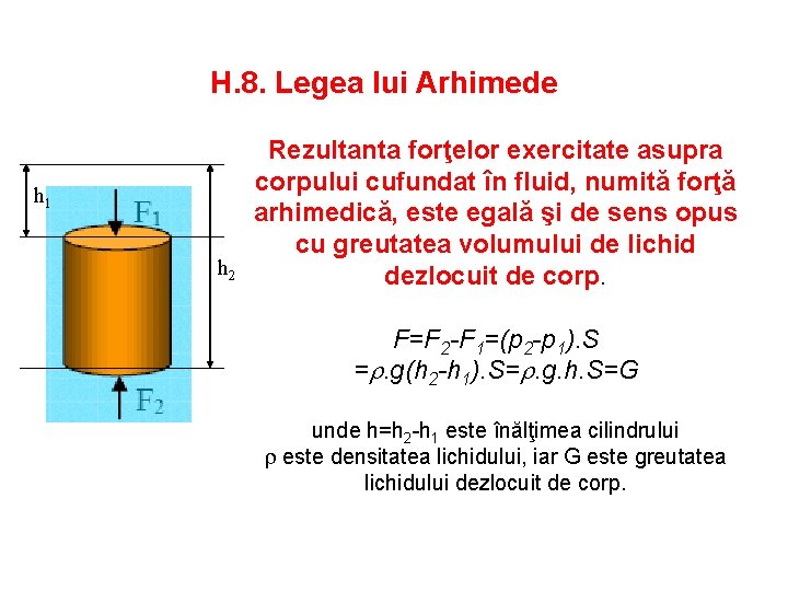 H. 8. Legea lui Arhimede h 1 Rezultanta forţelor exercitate asupra corpului cufundat în