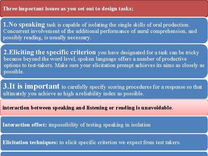 Three important issues as you set out to design tasks; 1. No speaking task