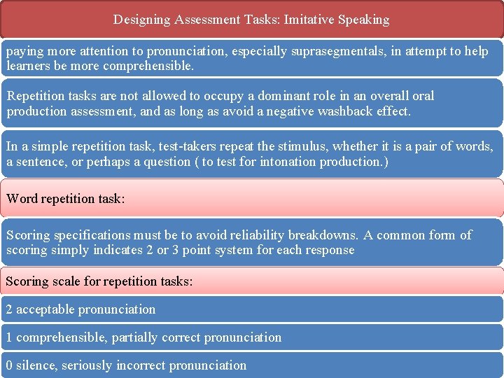 Designing Assessment Tasks: Imitative Speaking paying more attention to pronunciation, especially suprasegmentals, in attempt