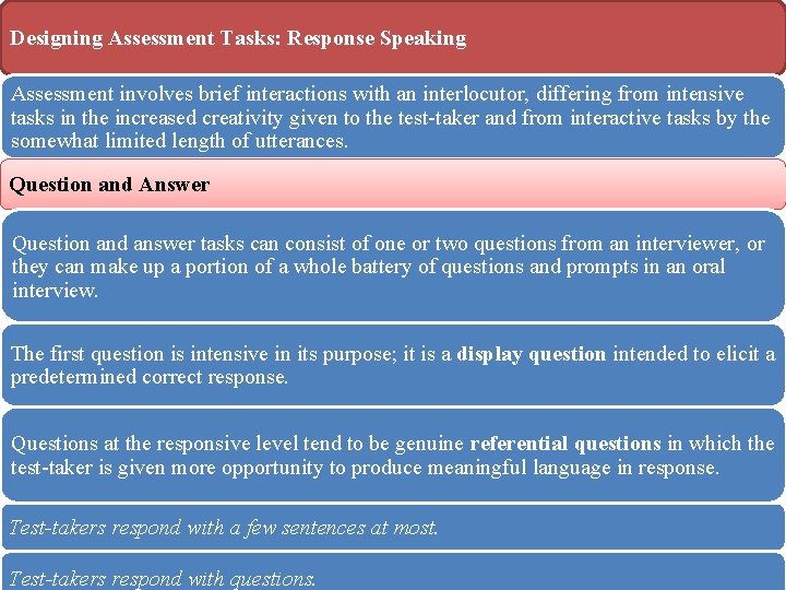 Designing Assessment Tasks: Response Speaking Assessment involves brief interactions with an interlocutor, differing from