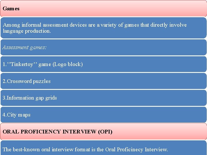 Games Among informal assessment devices are a variety of games that directly involve language
