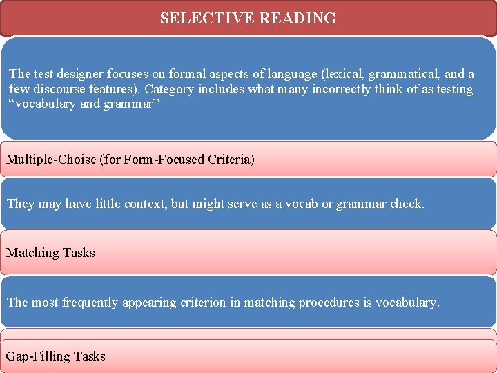 SELECTIVE READING The test designer focuses on formal aspects of language (lexical, grammatical, and