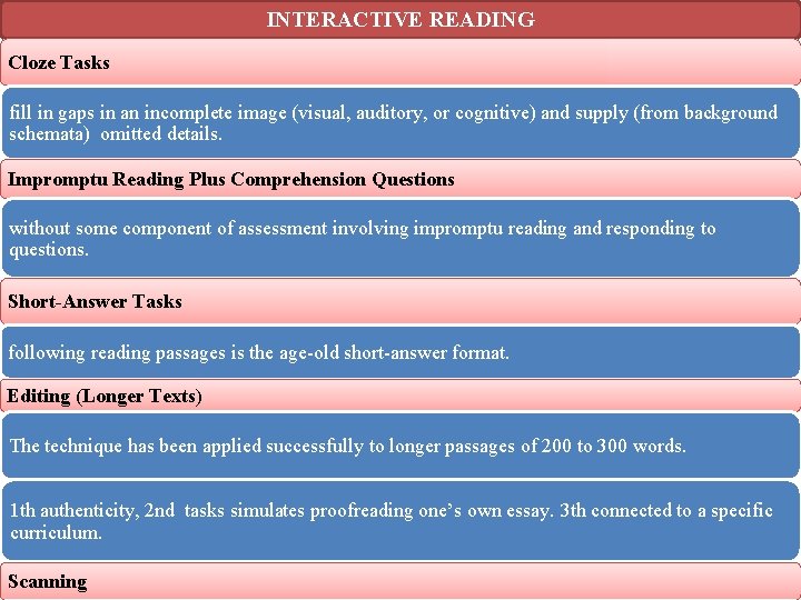 INTERACTIVE READING Cloze Tasks fill in gaps in an incomplete image (visual, auditory, or