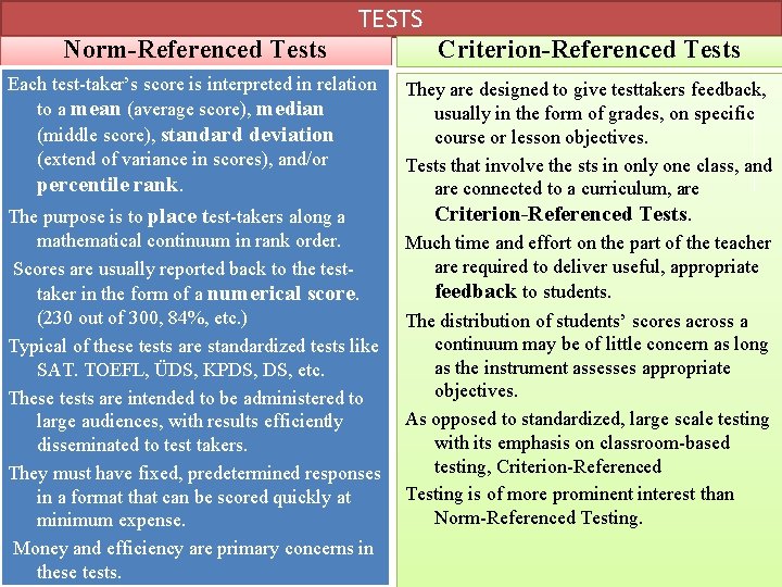 Norm-Referenced Tests TESTS Each test taker’s score is interpreted in relation to a mean