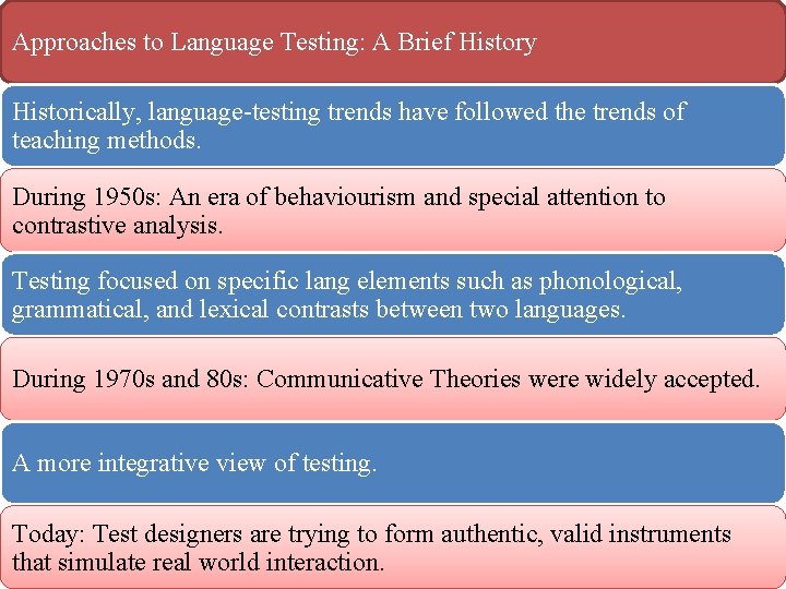 Approaches to Language Testing: A Brief History Historically, language testing trends have followed the