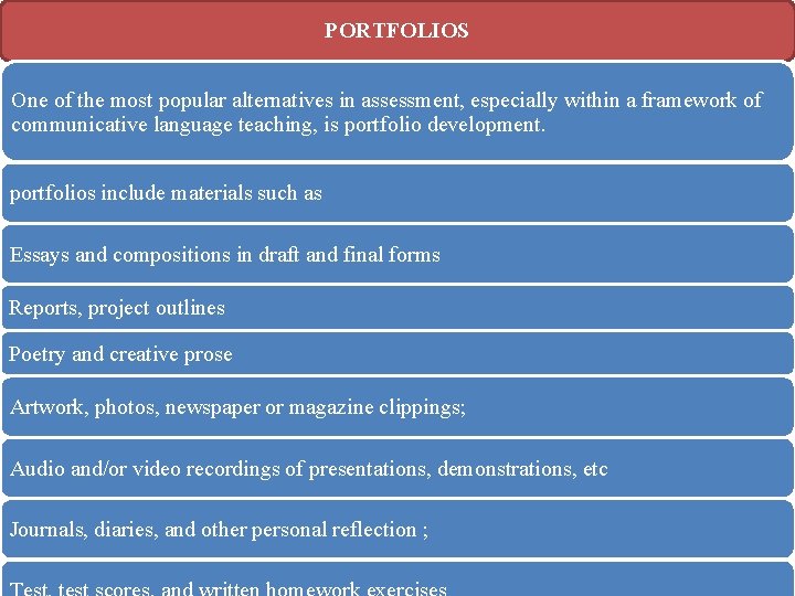 PORTFOLIOS One of the most popular alternatives in assessment, especially within a framework of