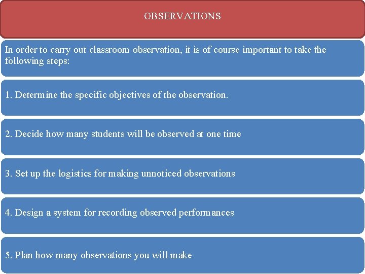 OBSERVATIONS In order to carry out classroom observation, it is of course important to