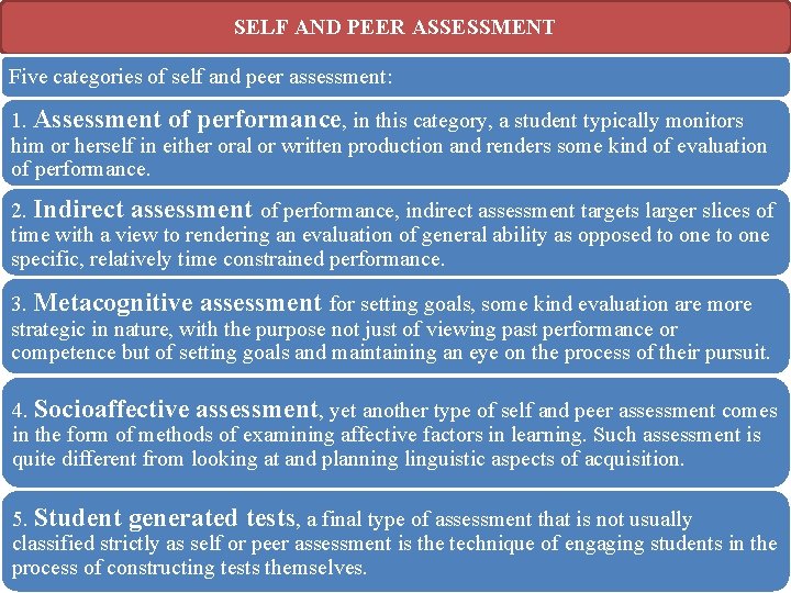 SELF AND PEER ASSESSMENT Five categories of self and peer assessment: 1. Assessment of