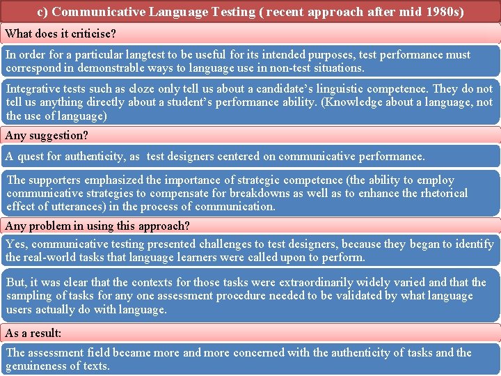 c) Communicative Language Testing ( recent approach after mid 1980 s) What does it