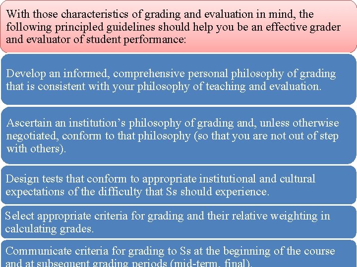 With those characteristics of grading and evaluation in mind, the following principled guidelines should