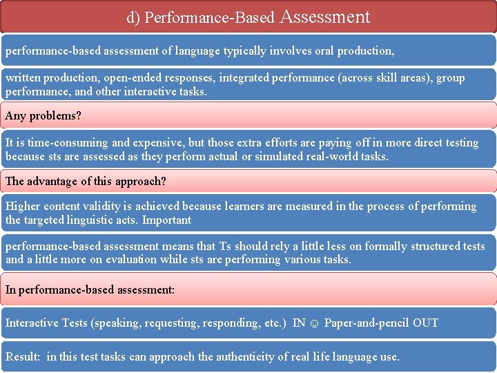 d) Performance Based Assessment performance based assessment of language typically involves oral production, written