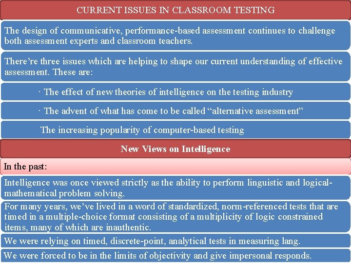 CURRENT ISSUES IN CLASSROOM TESTING The design of communicative, performance based assessment continues to