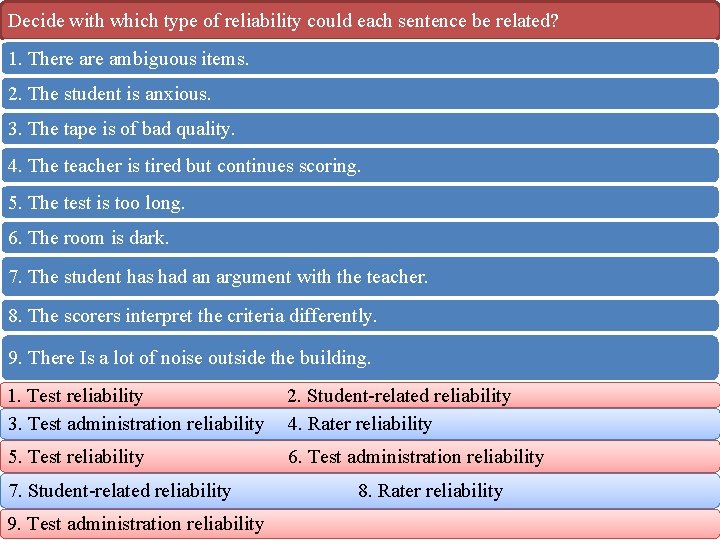 Decide with which type of reliability could each sentence be related? 1. There ambiguous