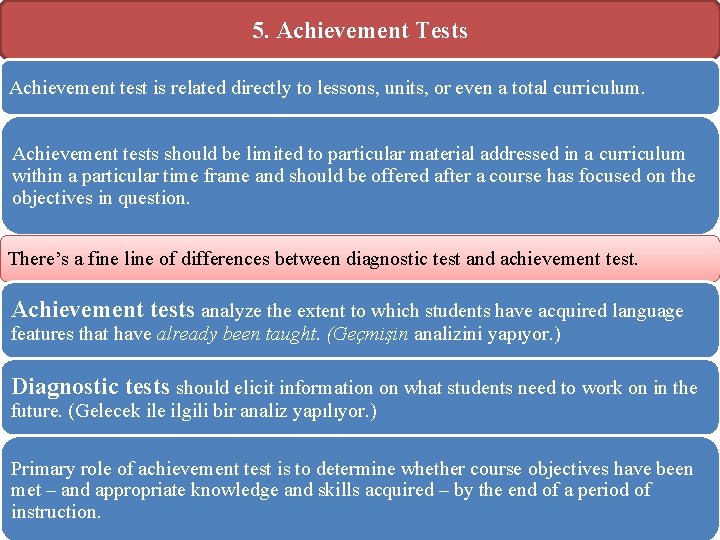 5. Achievement Tests Achievement test is related directly to lessons, units, or even a