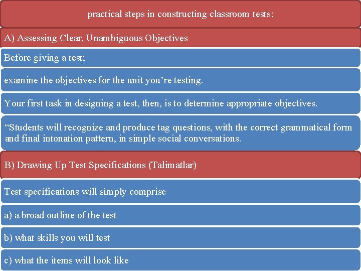 practical steps in constructing classroom tests: A) Assessing Clear, Unambiguous Objectives Before giving a