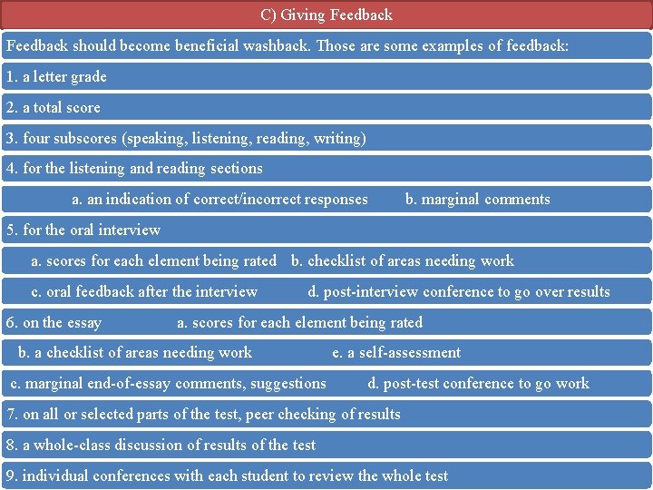 C) Giving Feedback should become beneficial washback. Those are some examples of feedback: 1.