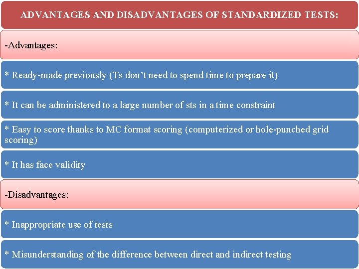 ADVANTAGES AND DISADVANTAGES OF STANDARDIZED TESTS: Advantages: * Ready made previously (Ts don’t need