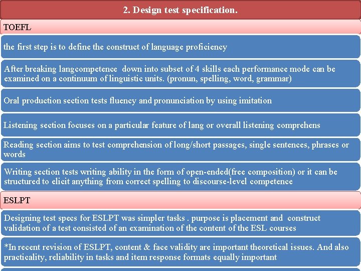 2. Design test specification. TOEFL the first step is to define the construct of