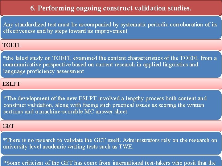 6. Performing ongoing construct validation studies. Any standardized test must be accompanied by systematic