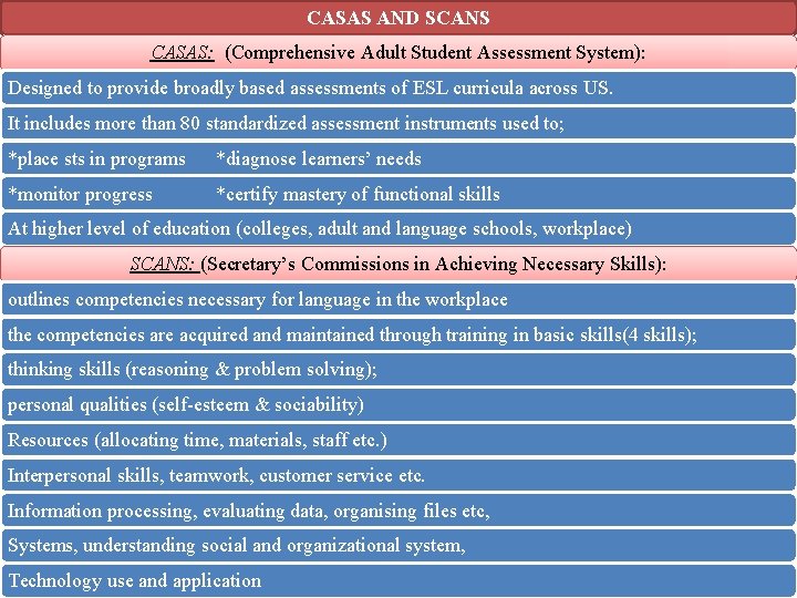 CASAS AND SCANS CASAS: (Comprehensive Adult Student Assessment System): Designed to provide broadly based