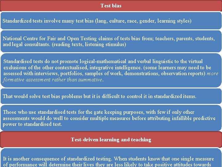 Test bias Standardized tests involve many test bias (lang, culture, race, gender, learning styles)