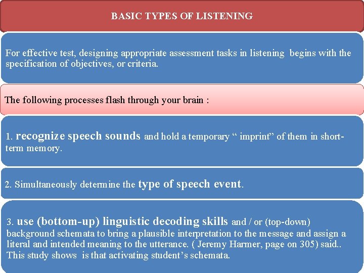 BASIC TYPES OF LISTENING For effective test, designing appropriate assessment tasks in listening begins