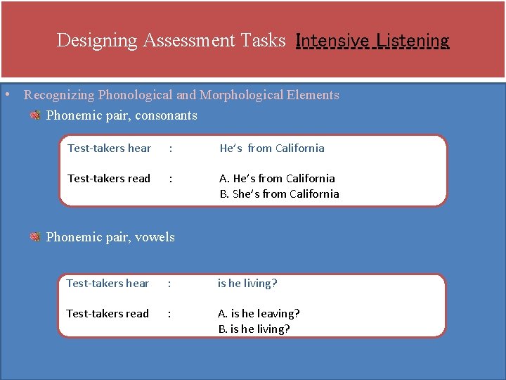 Designing Assessment Tasks Intensive Listening • Recognizing Phonological and Morphological Elements Phonemic pair, consonants