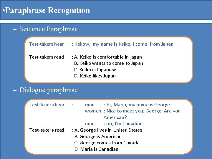 • Paraphrase Recognition – Sentence Paraphrase Test-takers hear : Hellow, my name is