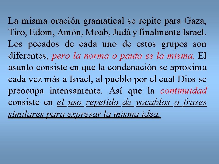 La misma oración gramatical se repite para Gaza, Tiro, Edom, Amón, Moab, Judá y