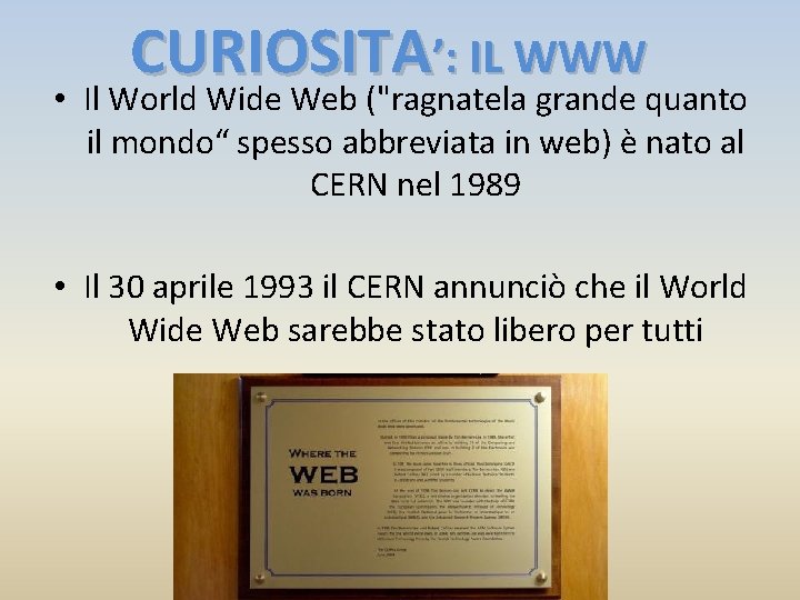 CURIOSITA’: IL WWW • Il World Wide Web ("ragnatela grande quanto il mondo“ spesso
